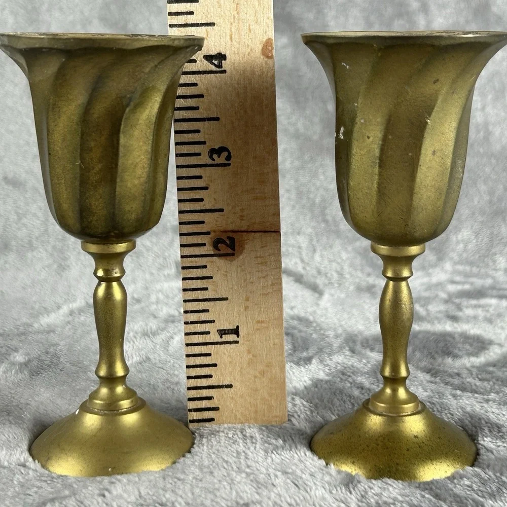 Vintage Miniature‎ Brass Goblet Candle Sticks Lots Of Patina